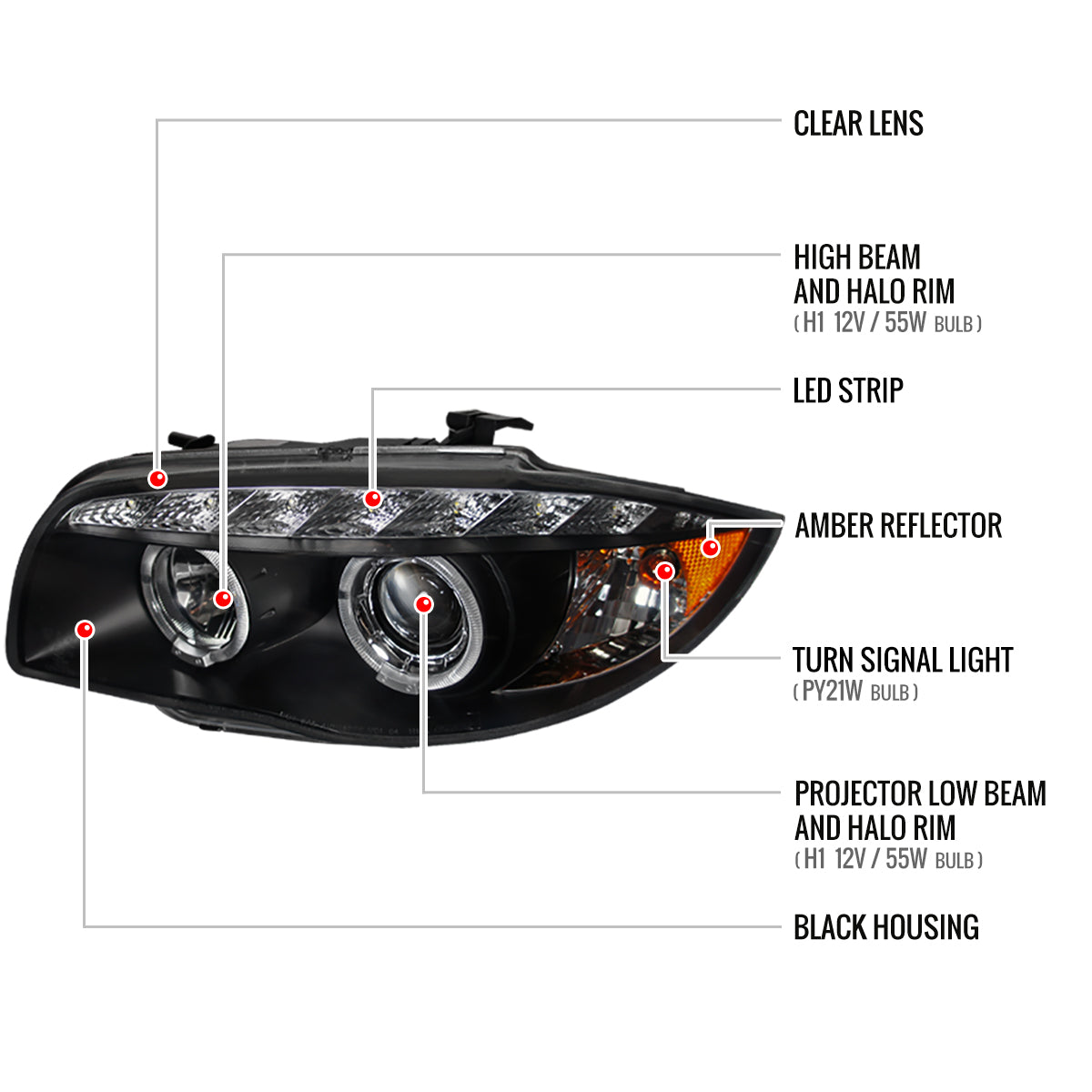 2004-2013 BMW E81 E82 E87 E88 Dual Halo Projector Headlights w/ LED Light Strip (Matte Black Housing/Clear Lens)