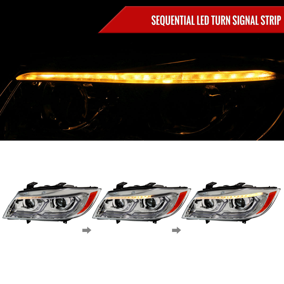 2006-2011 BMW E90 3 Series Sedan 3D Iced LED Dual Projector Headlights (Chrome Housing/Clear Lens)
