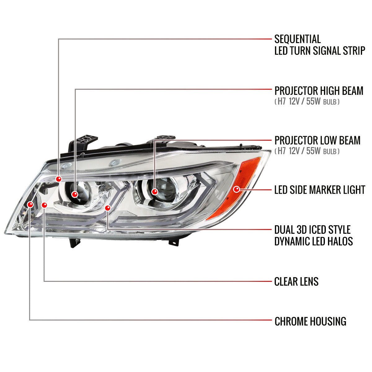 2006-2011 BMW E90 3 Series Sedan 3D Iced LED Dual Projector Headlights (Chrome Housing/Clear Lens)