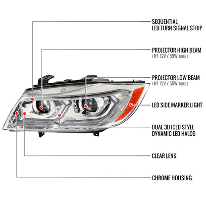 2006-2011 BMW E90 3 Series Sedan 3D Iced LED Dual Projector Headlights (Chrome Housing/Clear Lens)