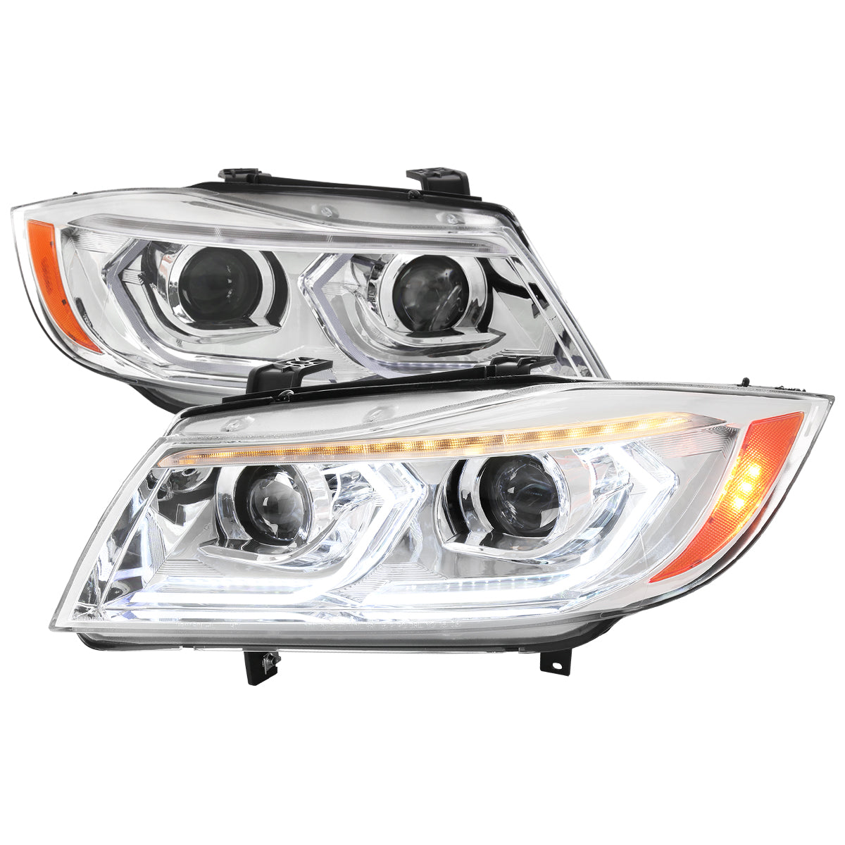 2006-2011 BMW E90 3 Series Sedan 3D Iced LED Dual Projector Headlights (Chrome Housing/Clear Lens)