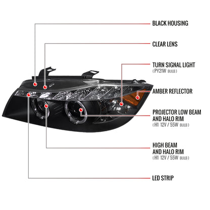 2006-2008 BMW E90 3 Series Sedan Dual Halo Projector Headlights w/ LED Light Strip (Matte Black Housing/Clear Lens)
