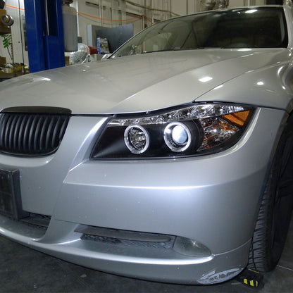 2006-2008 BMW E90 3 Series Sedan Dual Halo Projector Headlights w/ LED Light Strip (Matte Black Housing/Clear Lens)
