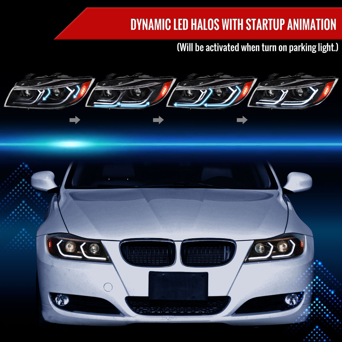 2006-2011 BMW E90 3 Series Sedan 3D Iced LED Dual Projector Headlights (Matte Black Housing/Clear Lens)