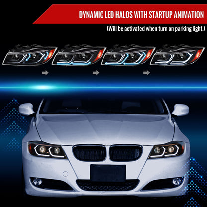 2006-2011 BMW E90 3 Series Sedan 3D Iced LED Dual Projector Headlights (Matte Black Housing/Clear Lens)