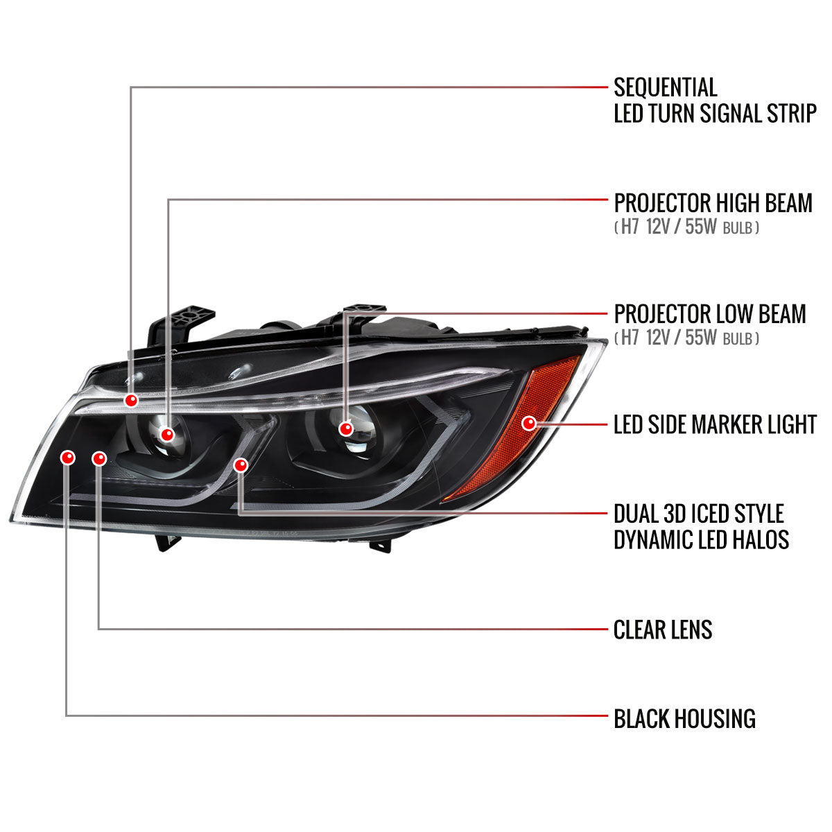 2006-2011 BMW E90 3 Series Sedan 3D Iced LED Dual Projector Headlights (Matte Black Housing/Clear Lens)