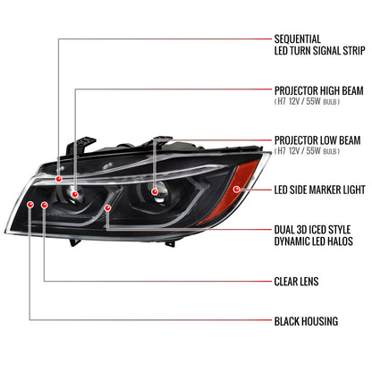 2006-2011 BMW E90 3 Series Sedan 3D Iced LED Dual Projector Headlights (Matte Black Housing/Clear Lens)