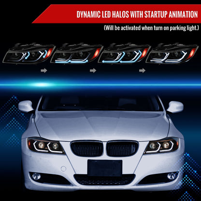 2006-2011 BMW E90 3 Series Sedan 3D Iced LED Dual Projector Headlights (Matte Black Housing/Smoked Lens)