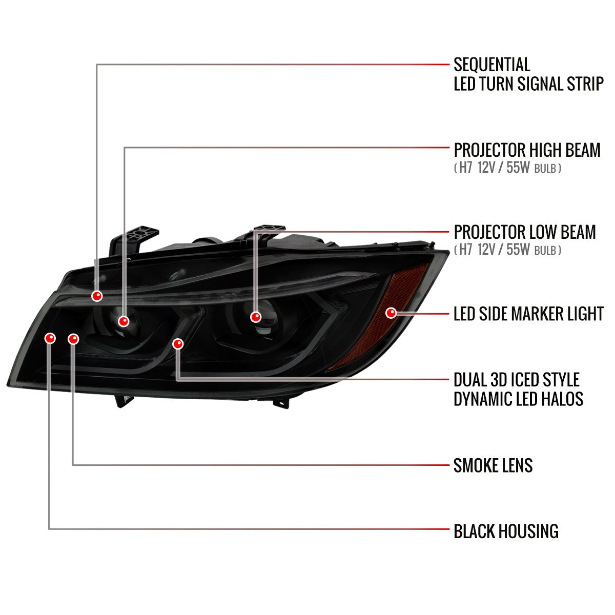 2006-2011 BMW E90 3 Series Sedan 3D Iced LED Dual Projector Headlights (Matte Black Housing/Smoked Lens)