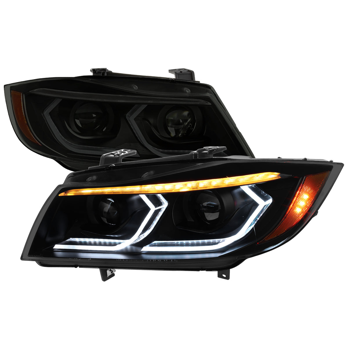 2006-2011 BMW E90 3 Series Sedan 3D Iced LED Dual Projector Headlights (Matte Black Housing/Smoked Lens)
