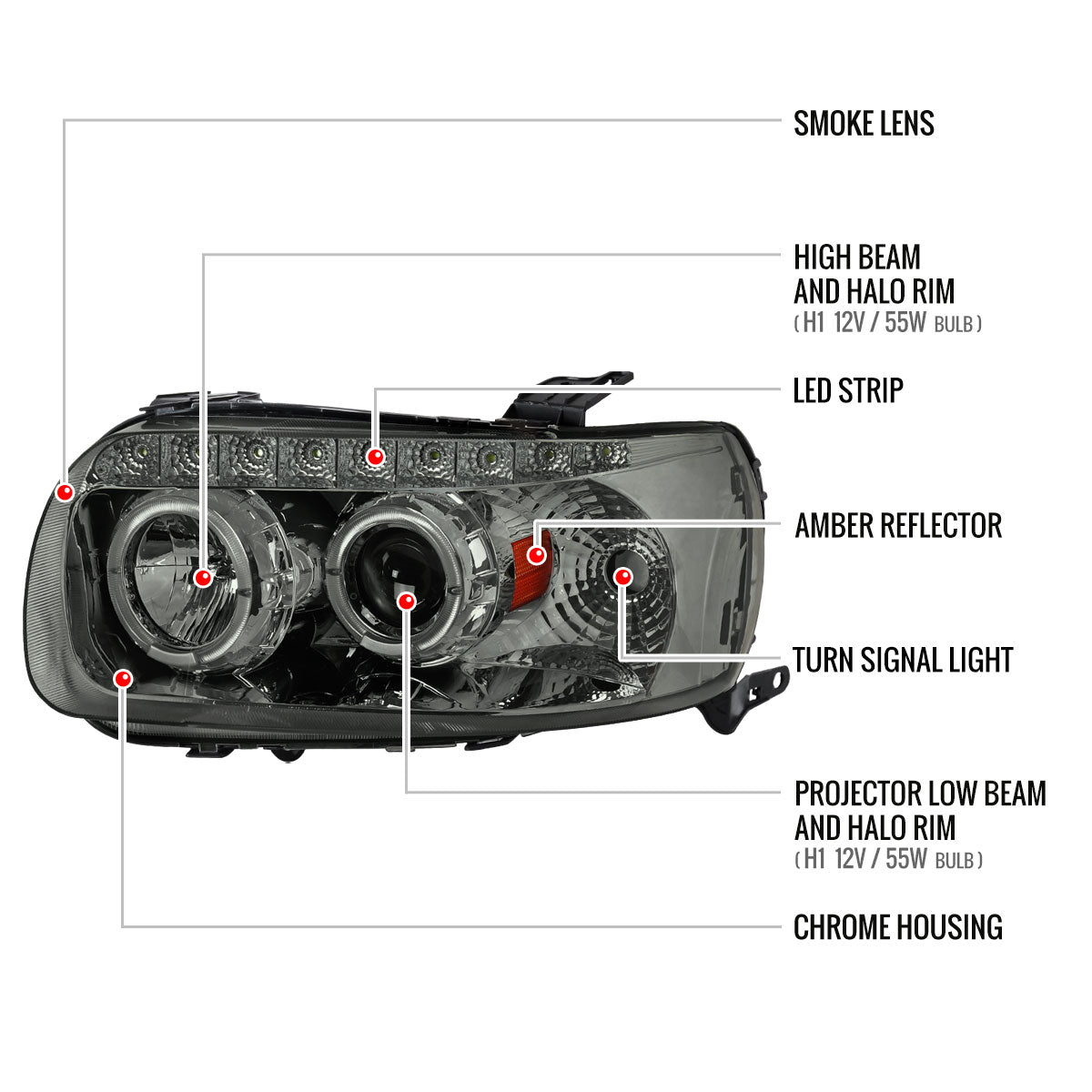 2005-2007 Ford Escape Dual Halo Projector Headlights w/ SMD LED Light Strip (Chrome Housing/Smoked Lens)