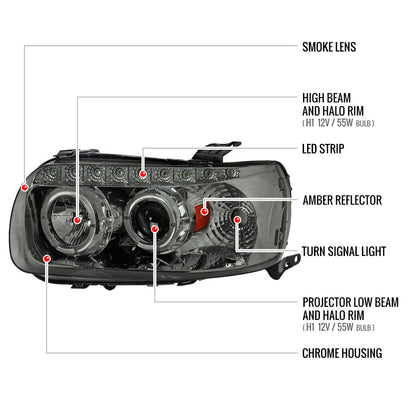 2005-2007 Ford Escape Dual Halo Projector Headlights w/ SMD LED Light Strip (Chrome Housing/Smoked Lens)