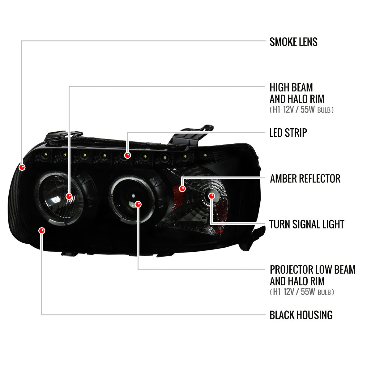 2005-2007 Ford Escape Dual Halo Projector Headlights w/ SMD LED Light Strip (Black Housing/Smoked Lens)