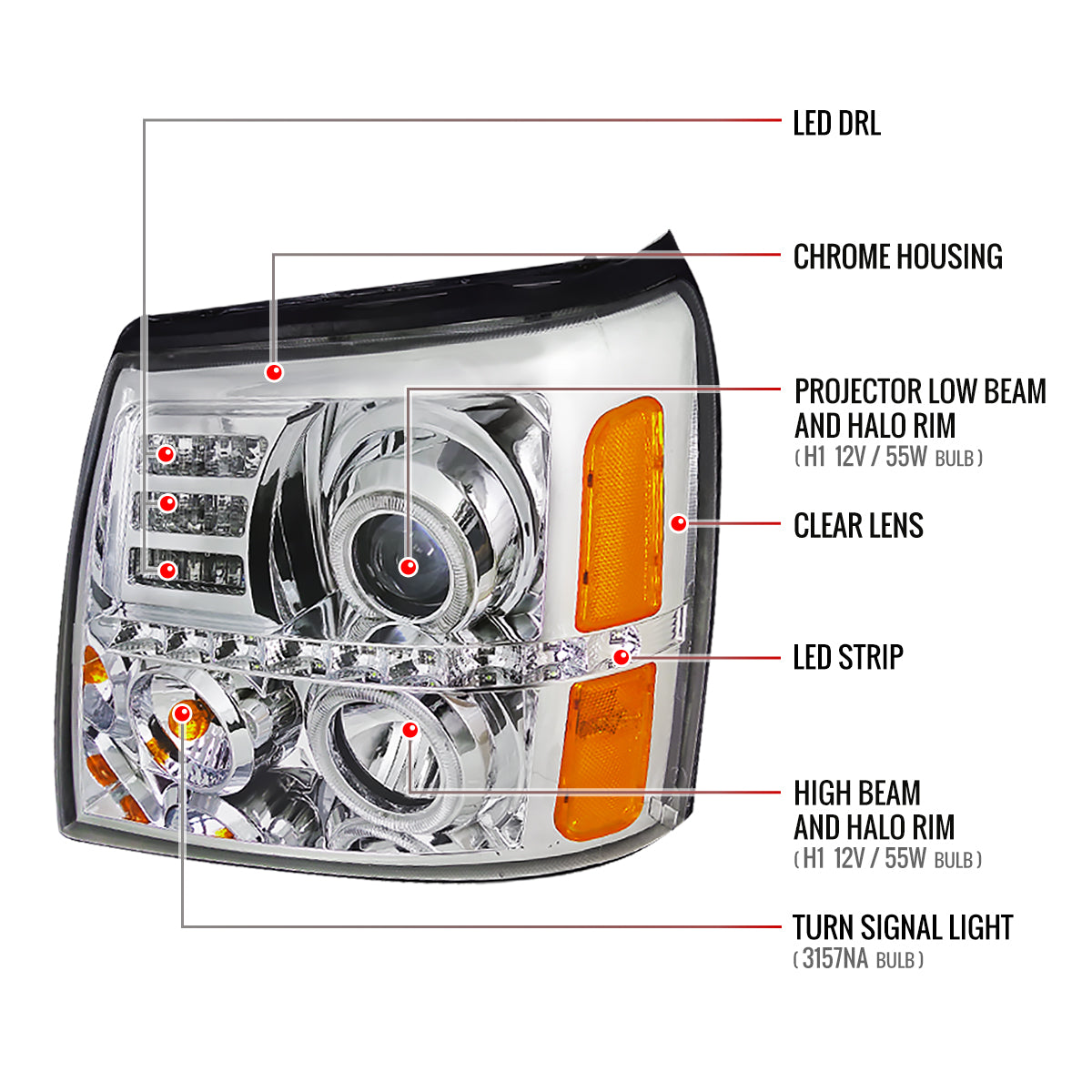 2002-2006 Cadillac Escalade Dual Halo Projector Headlights w/ SMD LED Light Strip (Chrome Housing/Clear Lens)