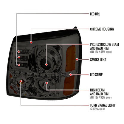 2002-2006 Cadillac Escalade Dual Halo Projector Headlights w/ SMD LED Light Strip (Chrome Housing/Smoked Lens)