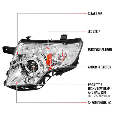 2007-2010 Ford Edge Halo Projector Headlights w/ LED Light Strip (Chrome Housing/Clear Lens)