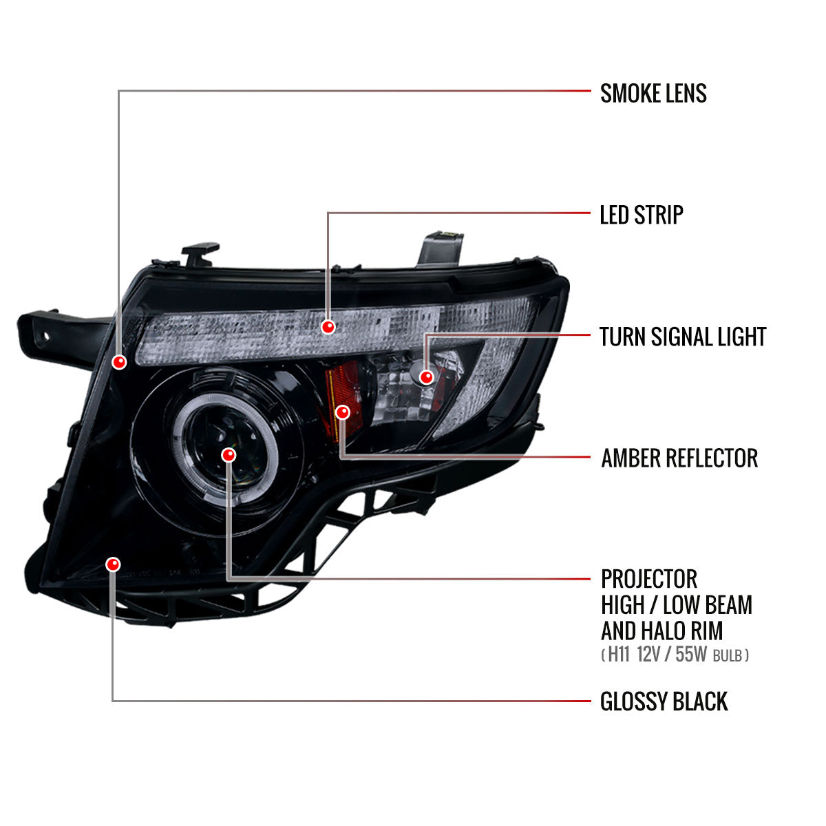 2007-2010 Ford Edge Halo Projector Headlights w/ LED Light Strip (Glossy Black Housing/Smoked Lens)