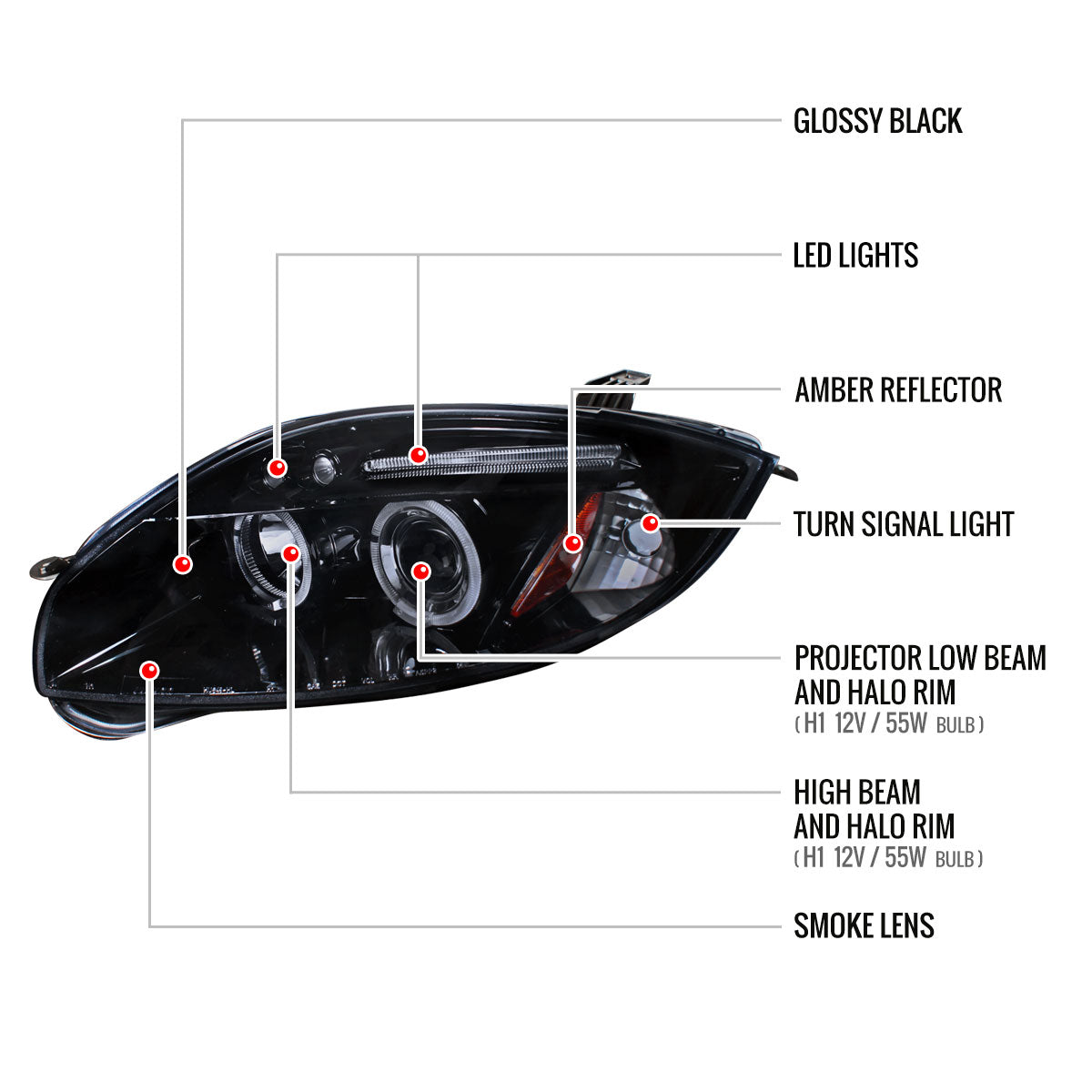 2006-2012 Mitsubishi Eclipse Dual Halo Projector Headlights (Glossy Black Housing/Smoked Lens)