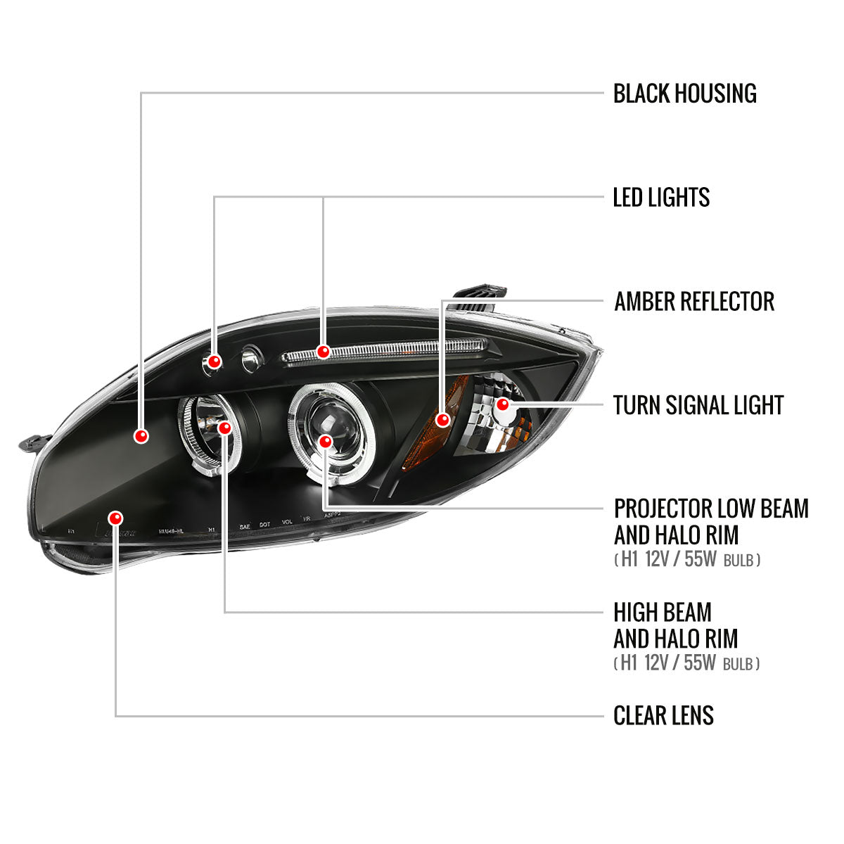2006-2012 Mitsubishi Eclipse Dual Halo Projector Headlights (Matte Black Housing/Clear Lens)