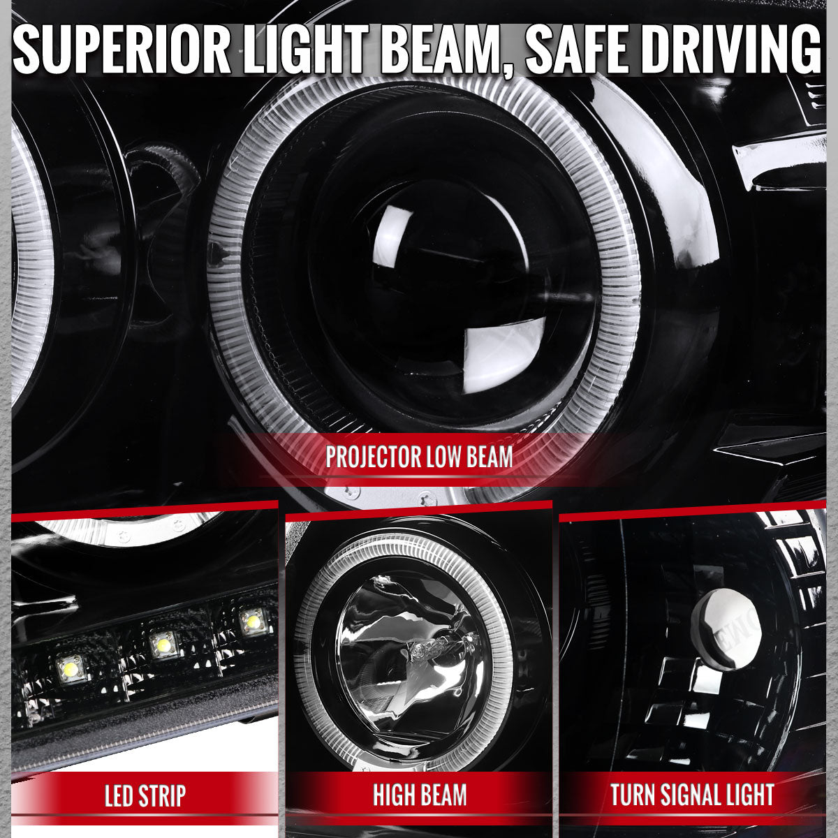 2002-2005 Ford Explorer Dual Halo Projector Headlights w/ LED Light Strip (Jet Black Housing/Clear Lens)