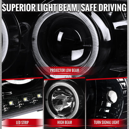 2002-2005 Ford Explorer Dual Halo Projector Headlights w/ LED Light Strip (Jet Black Housing/Clear Lens)