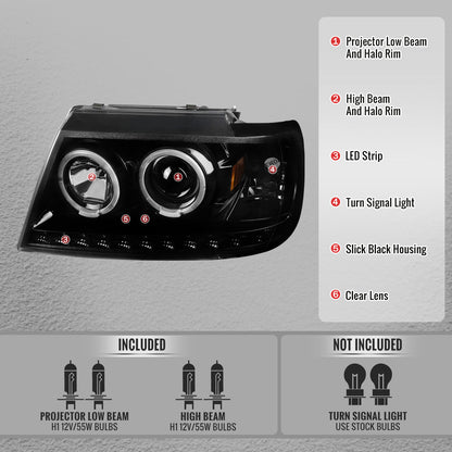 2002-2005 Ford Explorer Dual Halo Projector Headlights w/ LED Light Strip (Jet Black Housing/Clear Lens)