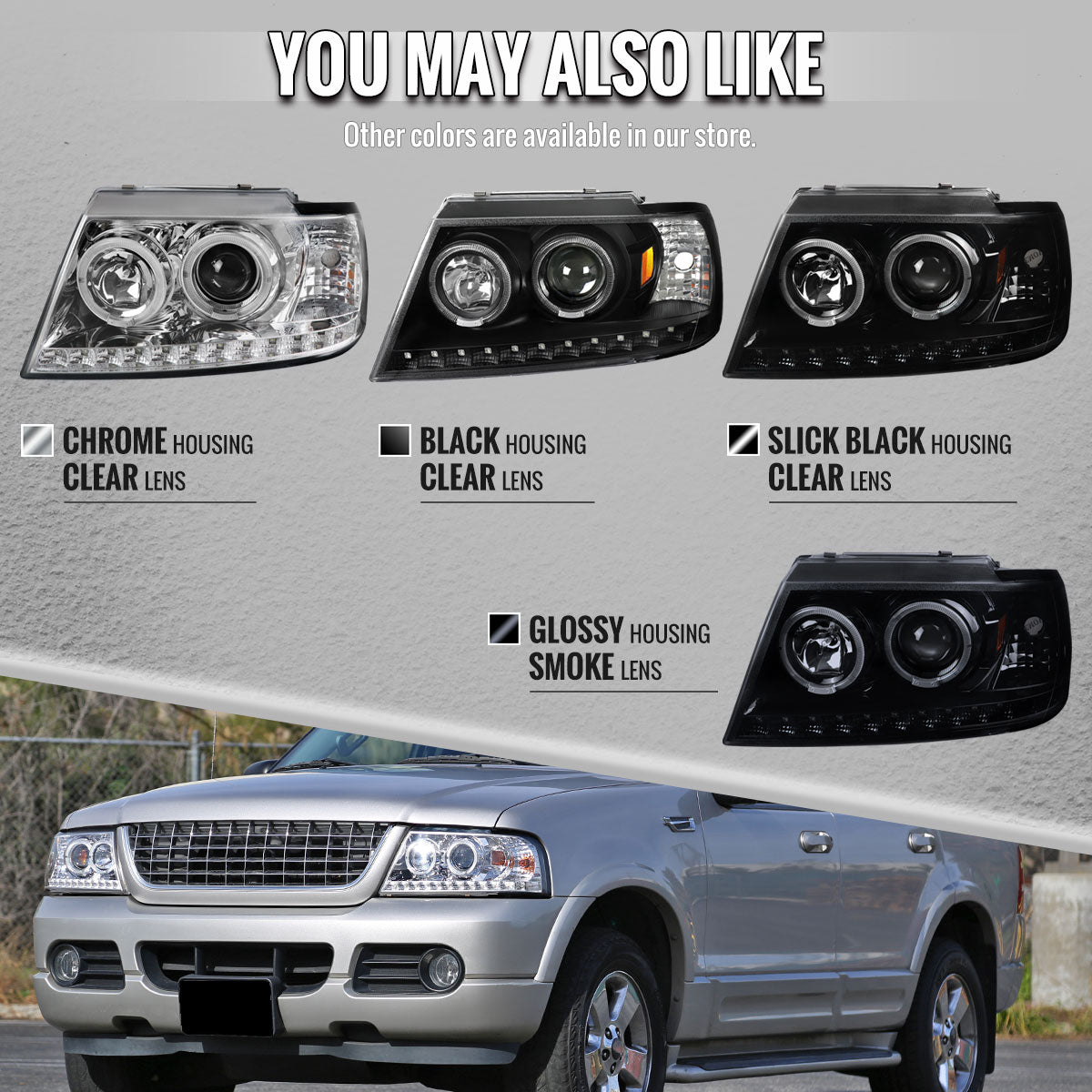 2002-2005 Ford Explorer Dual Halo Projector Headlights w/ LED Light Strip (Jet Black Housing/Clear Lens)