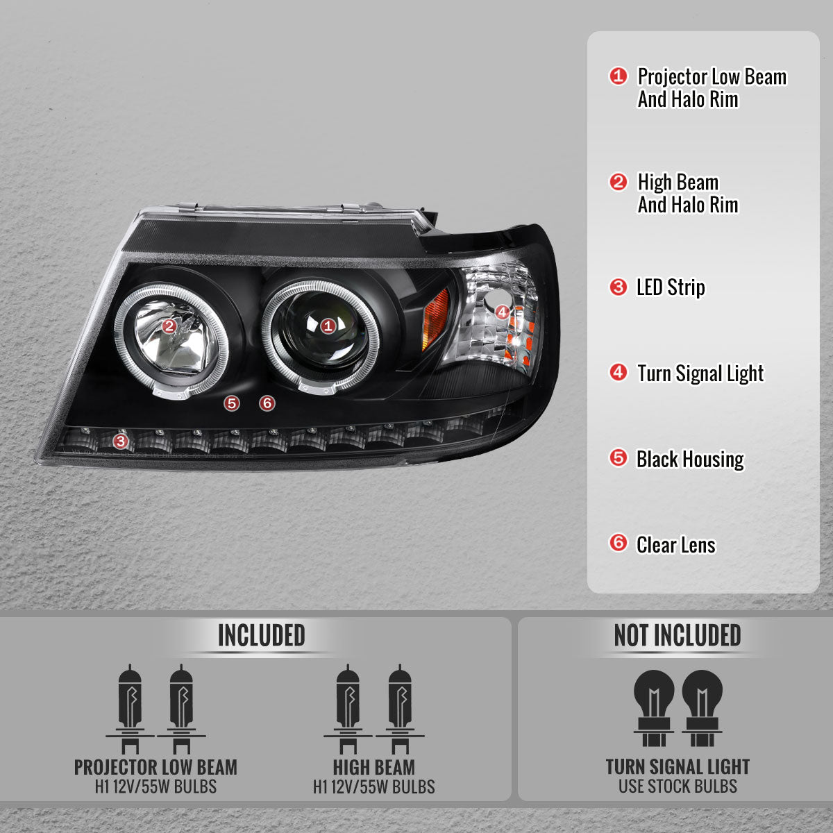 2002-2005 Ford Explorer Dual Halo Projector Headlights (Matte Black Housing/Clear Lens)