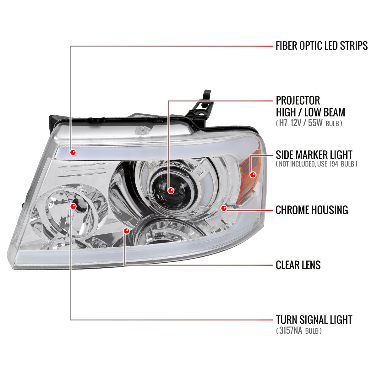 2004-2008 Ford F-150/ 2006-2008 Lincoln Mark LT Projector Style Headlights w/ LED Bar (Chrome Housing/Clear Lens)