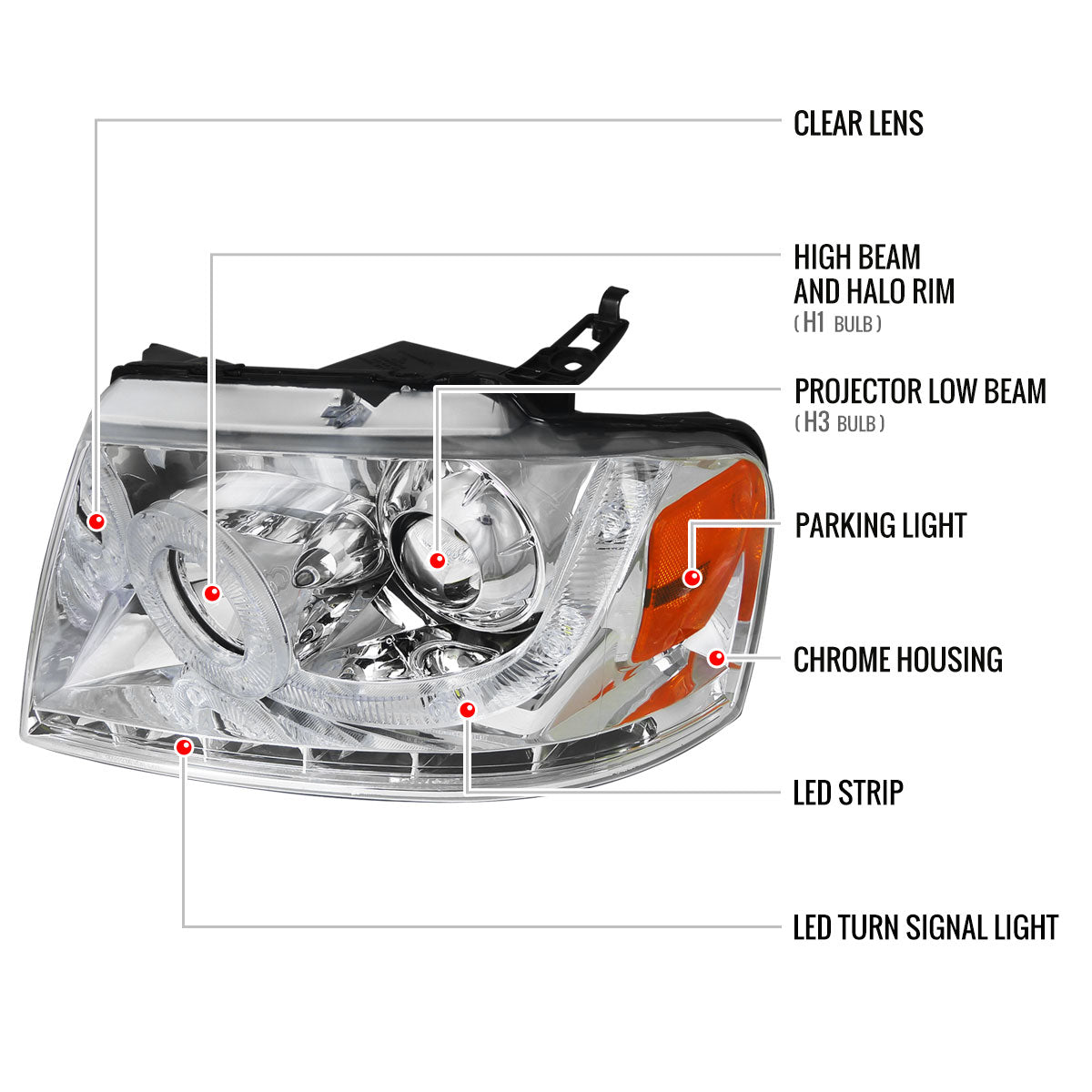 2004-2008 Ford F-150/ 2006-2008 Lincoln Mark LT Halo Projector Headlights w/ SMD LED Light Strip & LED Turn Signal Lights (Chrome Housing/Clear Lens)