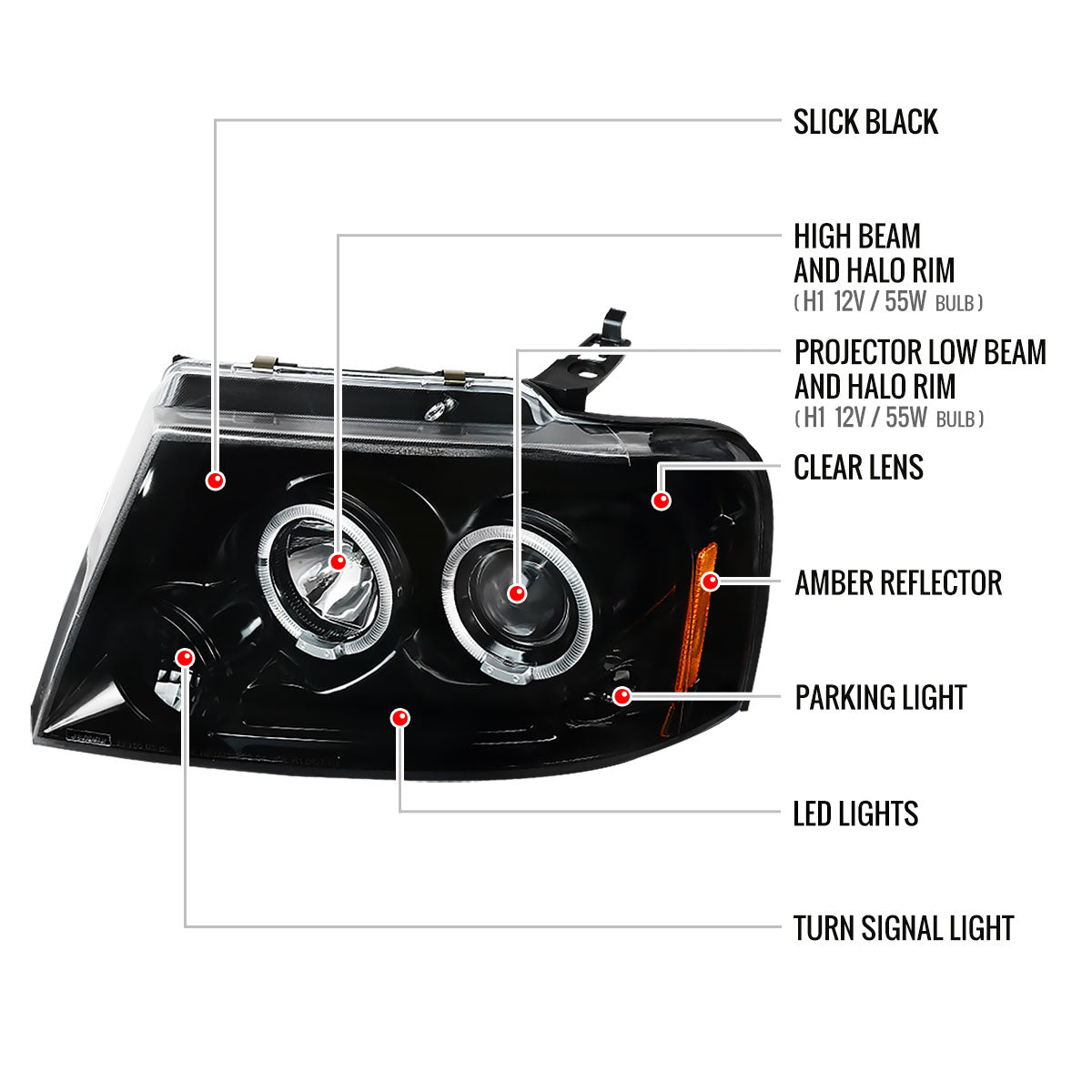 2004-2008 Ford F-150/ 2006-2008 Lincoln Mark LT Dual Halo Projector Headlights (Jet Black Housing/Clear Lens)