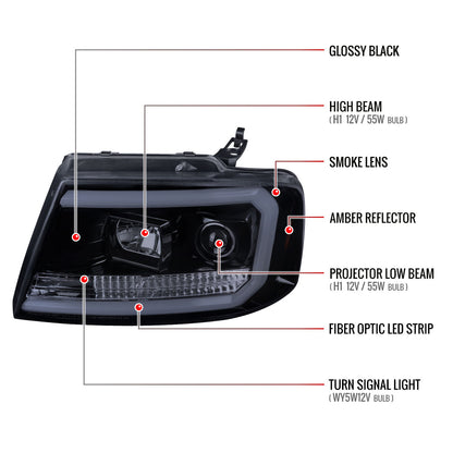 2004-2008 Ford F-150/ 2006-2008 Lincoln Mark LT LED C-Bar Projector Headlights (Glossy Black Housing/Smoked Lens)