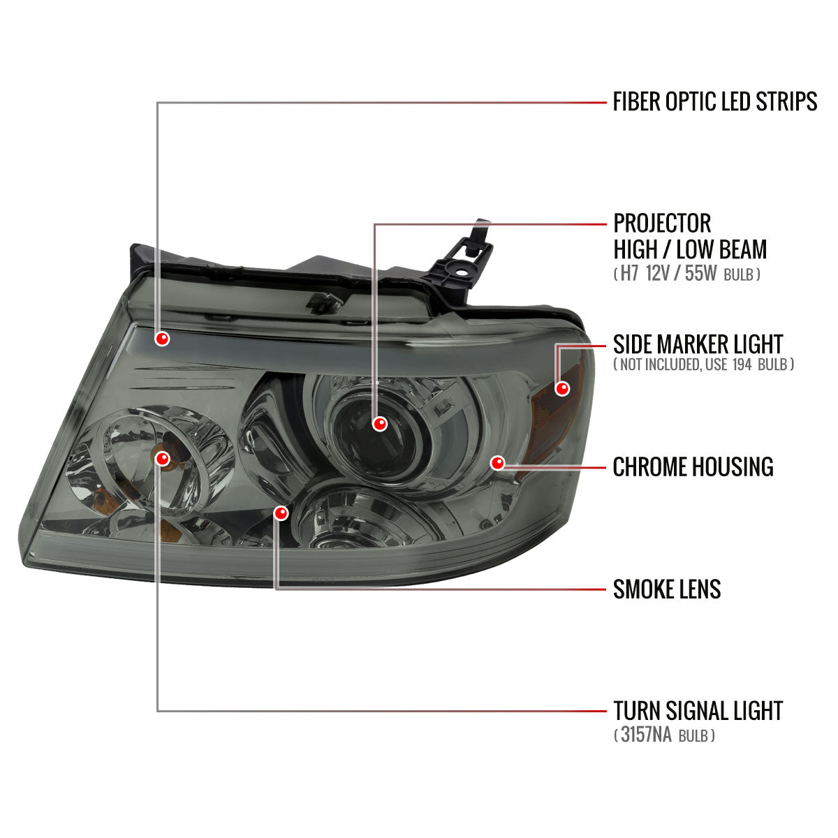 2004-2008 Ford F-150/ 2006-2008 Lincoln Mark LT Projector Style Headlights w/ LED Bar (Chrome Housing/Smoked Lens)