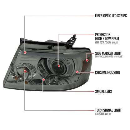 2004-2008 Ford F-150/ 2006-2008 Lincoln Mark LT Projector Style Headlights w/ LED Bar (Chrome Housing/Smoked Lens)