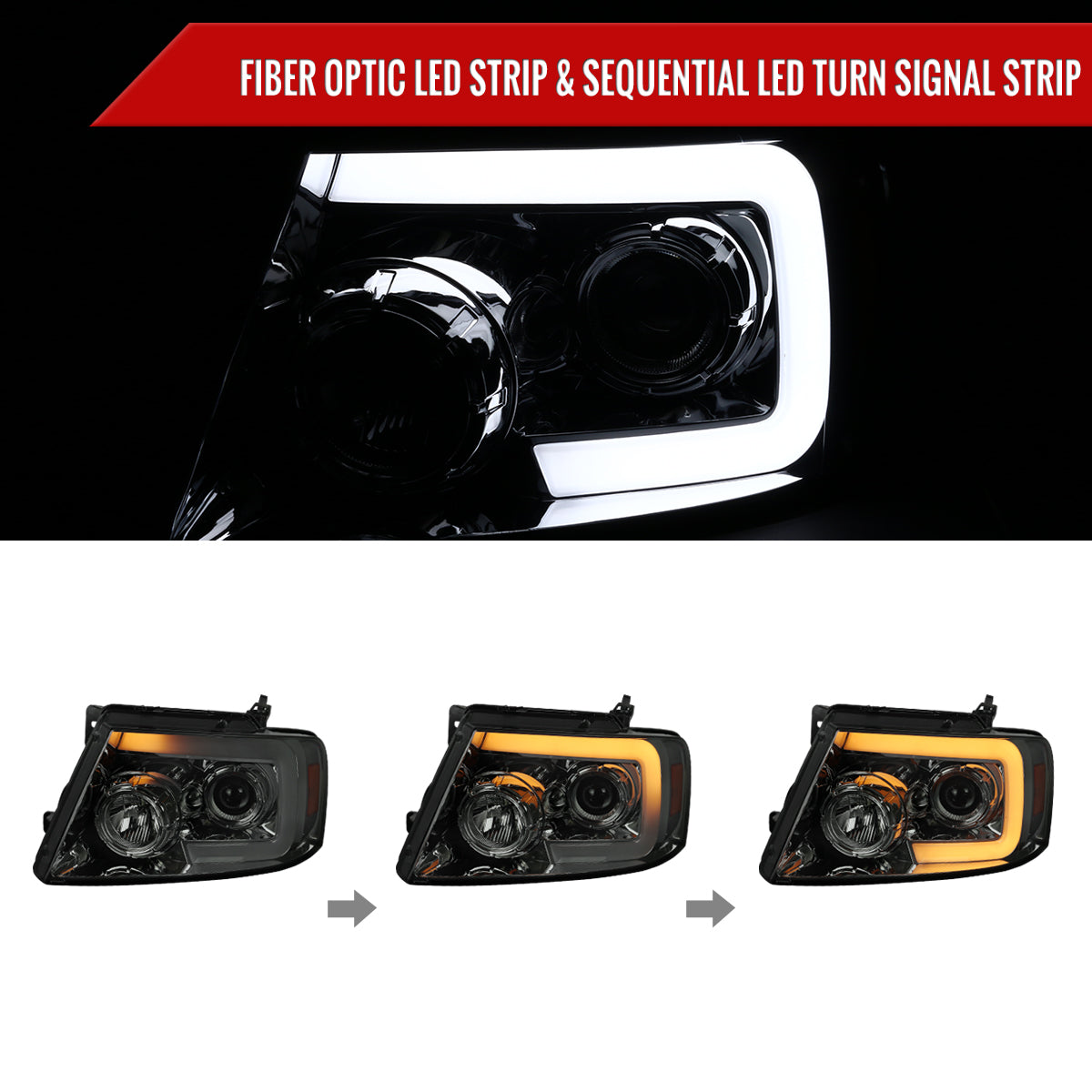 2004-2008 Ford F-150/ 2006-2008 Lincoln Mark LT Switchback Sequential LED C-Bar Projector Headlights (Chrome Housing/Smoked Lens)