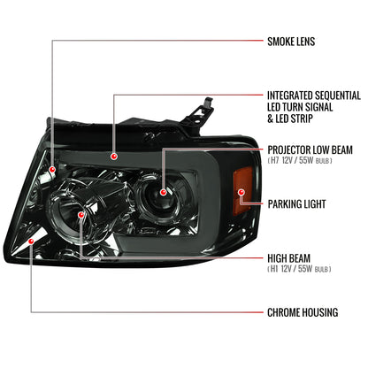 2004-2008 Ford F-150/ 2006-2008 Lincoln Mark LT Switchback Sequential LED C-Bar Projector Headlights (Chrome Housing/Smoked Lens)