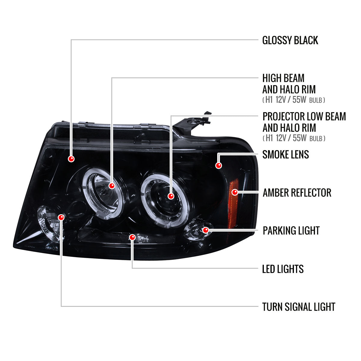 2004-2008 Ford F-150/ 2006-2008 Lincoln Mark LT Dual Halo Projector Headlights (Glossy Black Housing/Smoked Lens)