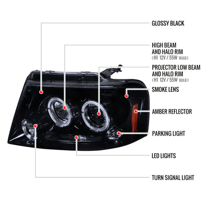 2004-2008 Ford F-150/ 2006-2008 Lincoln Mark LT Dual Halo Projector Headlights (Glossy Black Housing/Smoked Lens)