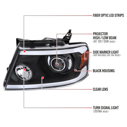 2004-2008 Ford F-150/ 2006-2008 Lincoln Mark LT LED Tube Projector Headlights (Matte Black Housing/Clear Lens)