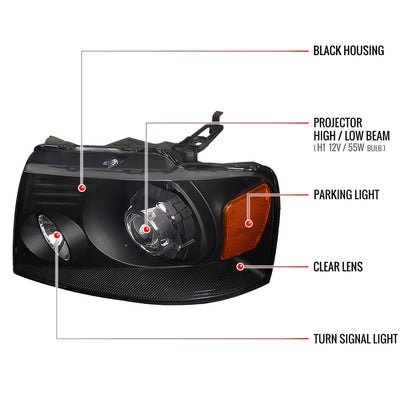 2004-2008 Ford F-150/ 2006-2008 Lincoln Mark LT Projector Headlights w/ Amber Reflectors (Matte Black Housing/Clear Lens)