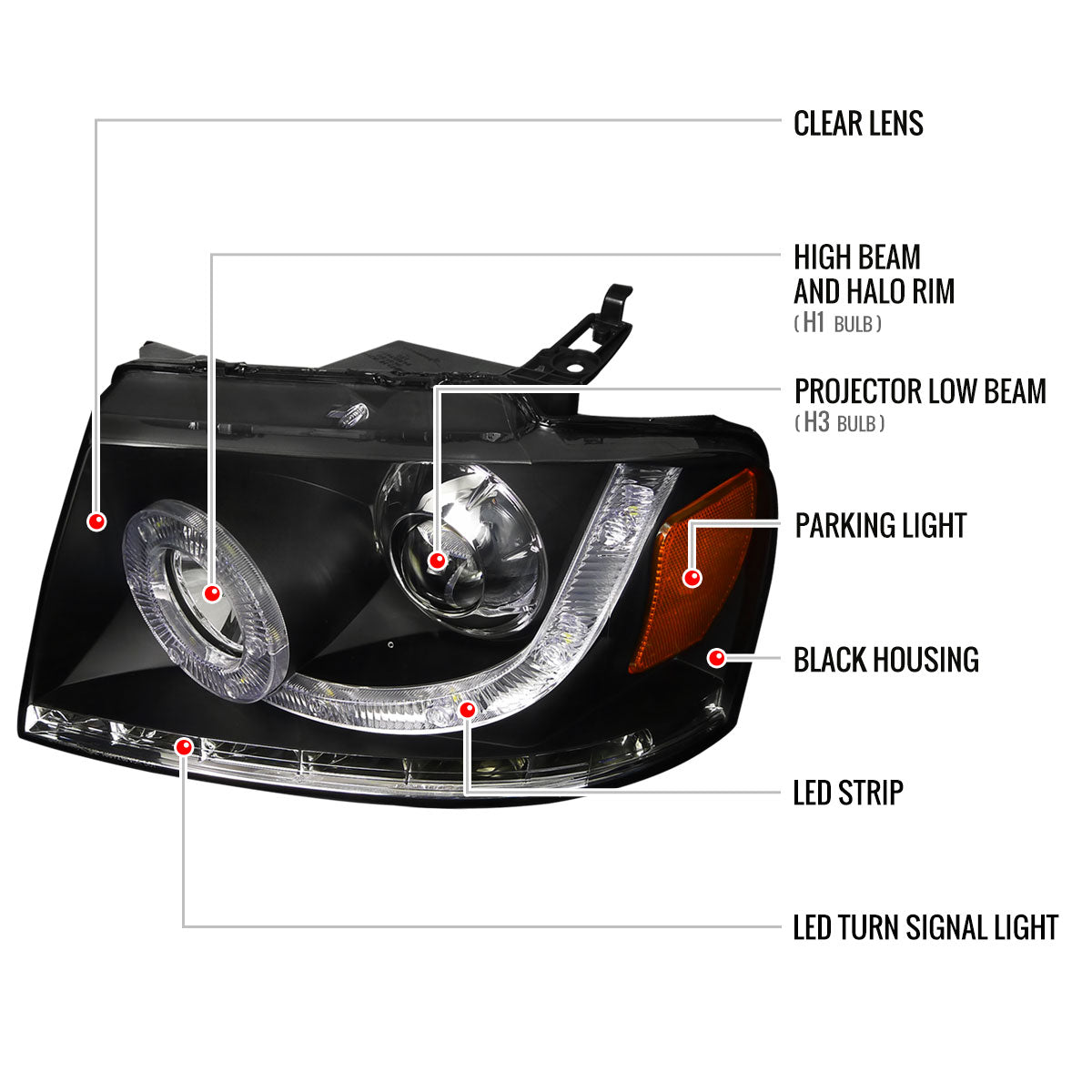 2004-2008 Ford F-150/ 2006-2008 Lincoln Mark LT Halo Projector Headlights w/ SMD LED Light Strip & LED Turn Signal Lights (Matte Black Housing/Clear Lens)