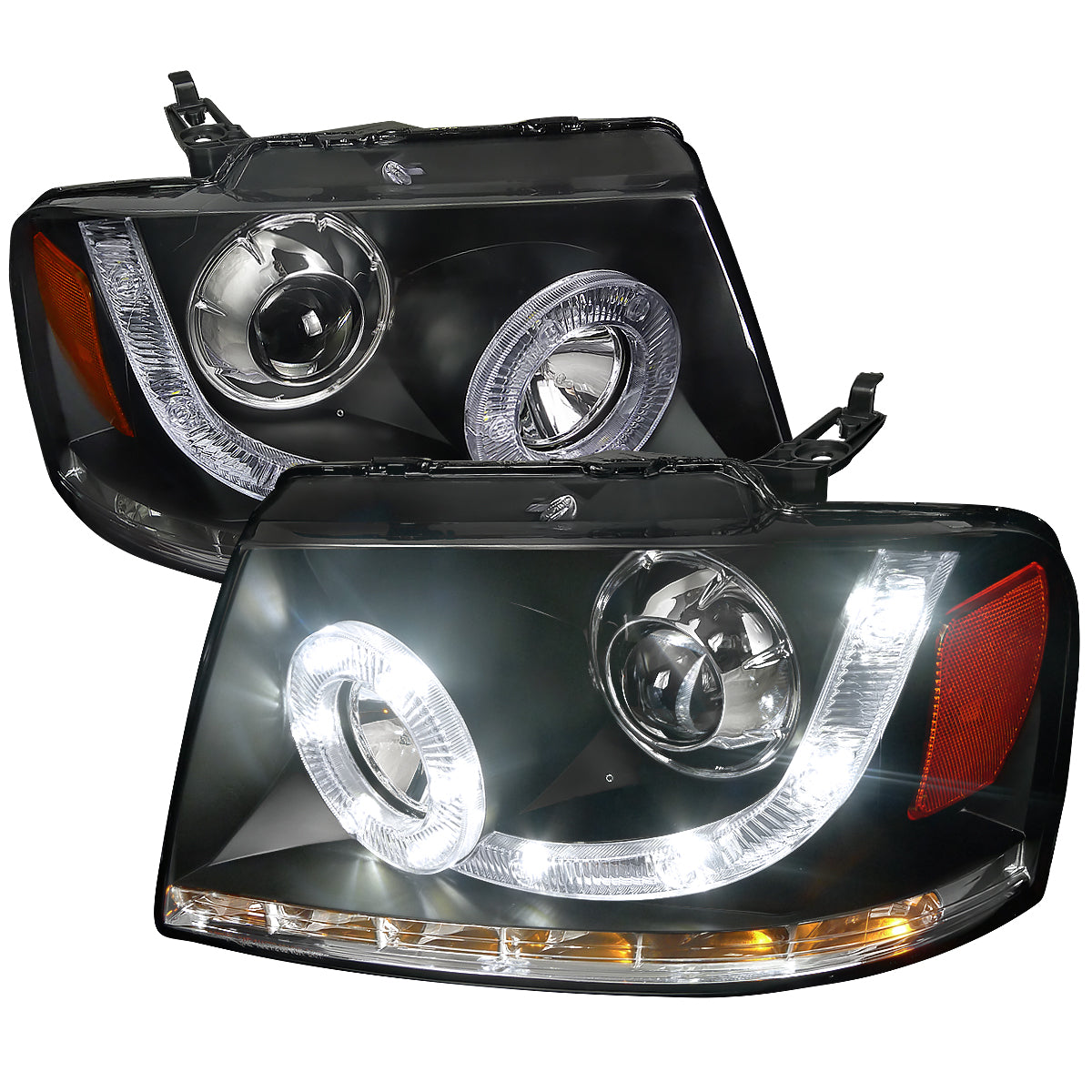 2004-2008 Ford F-150/ 2006-2008 Lincoln Mark LT Halo Projector Headlights w/ SMD LED Light Strip & LED Turn Signal Lights (Matte Black Housing/Clear Lens)