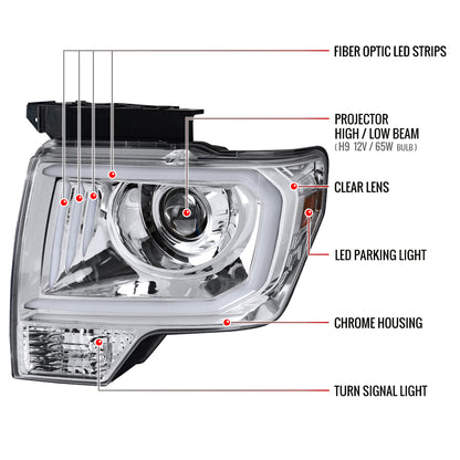 2009-2014 Ford F-150 LED C-Bar Projector Headlights (Chrome Housing/Clear Lens)