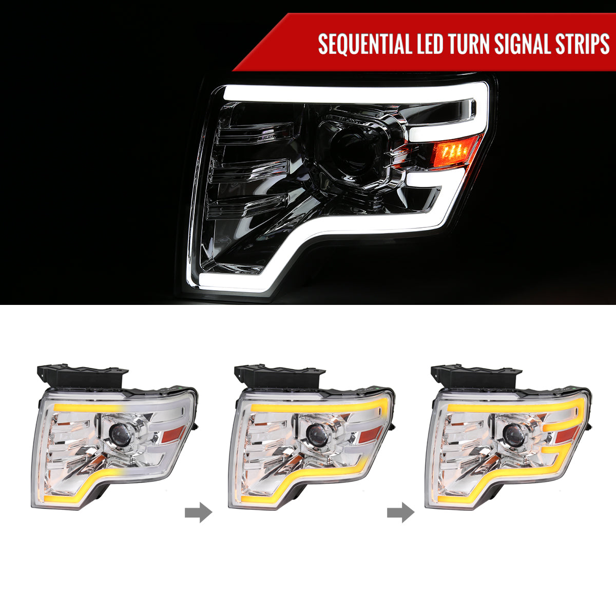 2009-2014 Ford F-150 Switchback Sequential LED Turn Signal Projector Headlights (Chrome Housing/Clear Lens)