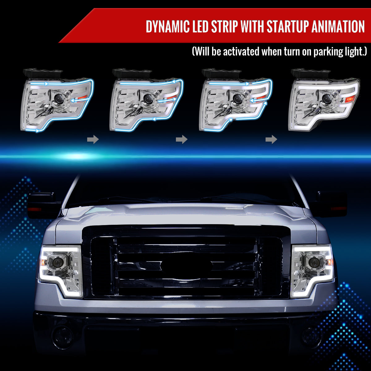 2009-2014 Ford F-150 Switchback Sequential LED Turn Signal Projector Headlights (Chrome Housing/Clear Lens)