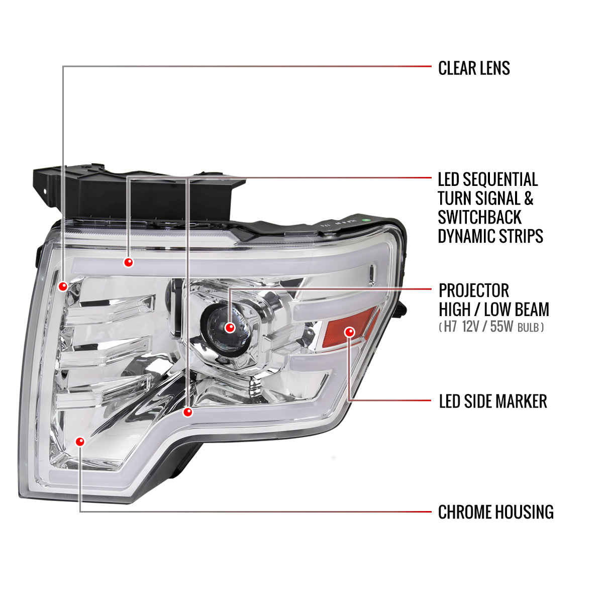 2009-2014 Ford F-150 Switchback Sequential LED Turn Signal Projector Headlights (Chrome Housing/Clear Lens)