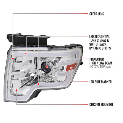 2009-2014 Ford F-150 Switchback Sequential LED Turn Signal Projector Headlights (Chrome Housing/Clear Lens)