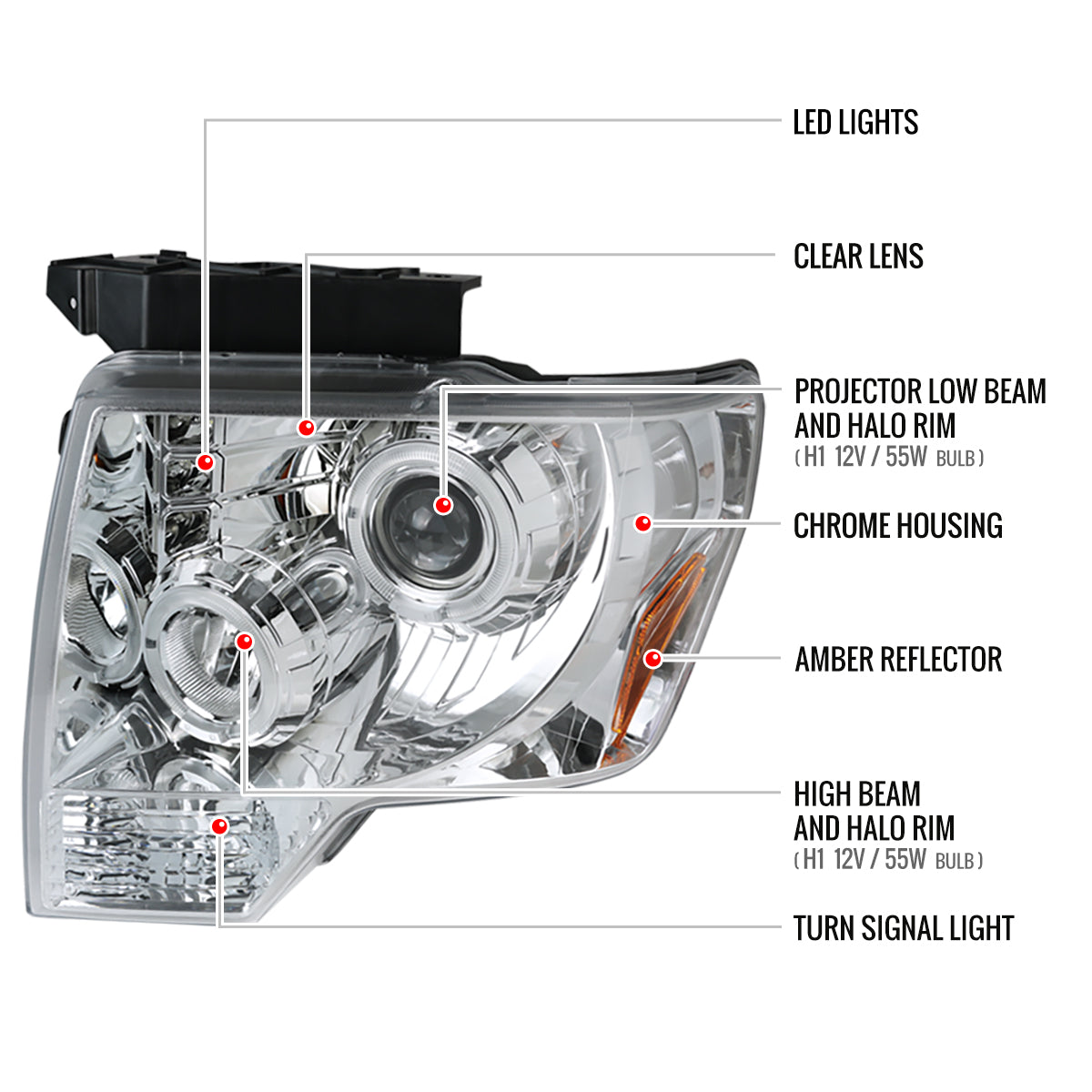 2009-2014 Ford F-150 Dual Halo Projector Headlights (Chrome Housing/Clear Lens)