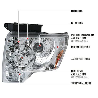 2009-2014 Ford F-150 Dual Halo Projector Headlights (Chrome Housing/Clear Lens)