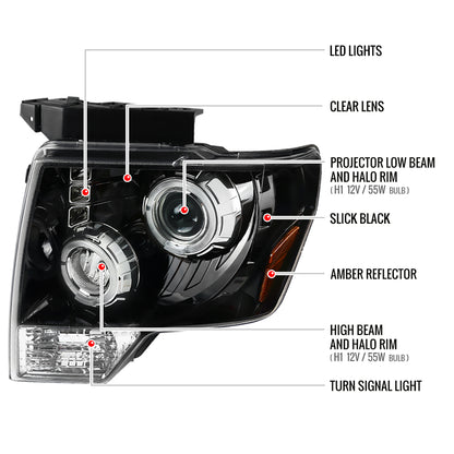 2009-2014 Ford F-150 Dual Halo Projector Headlights (Jet Black Housing/Clear Lens)